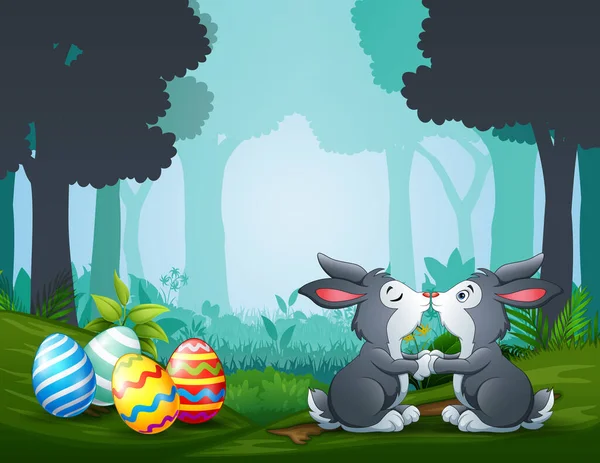 Los Conejos Pascua Besándose Con Más Huevos Pascua Alrededor — Vector de stock