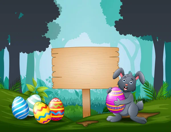 Feliz Conejito Pascua Con Huevos Pascua Alrededor Por Letrero Madera — Vector de stock