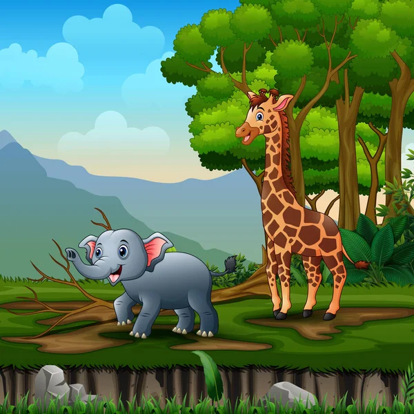卡通长颈鹿和大象在丛林里玩耍 — 图库矢量图片