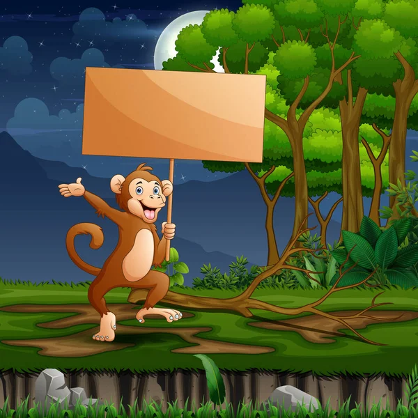Maimuță Care Ține Semn Lemn Pădure — Vector de stoc