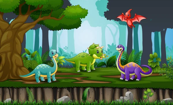 Desenhos Animados Dinossauros Felizes Selva — Vetor de Stock