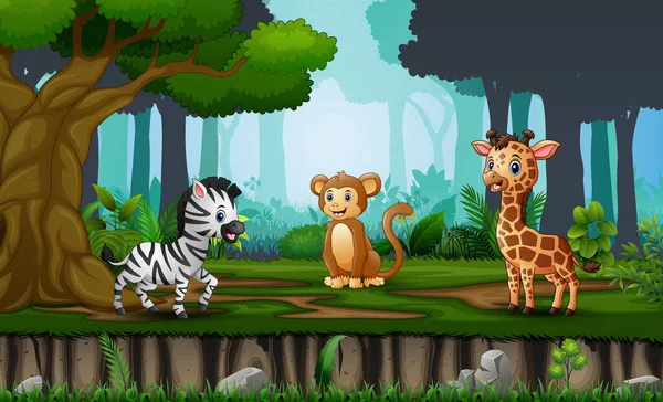 Scène Avec Nombreux Animaux Dans Jungle — Image vectorielle