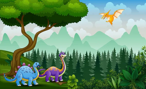 Scene Dinosaurs Playing Jungle — Stock Vector