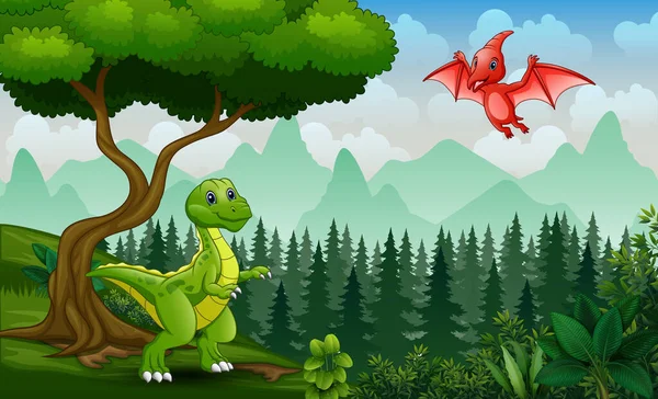 Dinosaurios Dibujos Animados Jugando Selva — Vector de stock