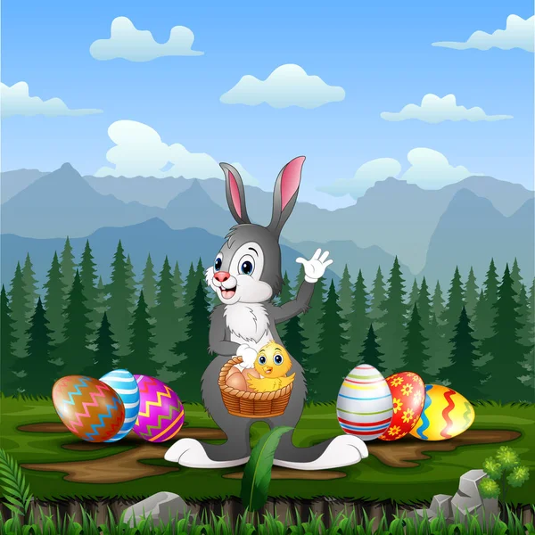 Conejo Pascua Sosteniendo Una Cesta Polluelo Con Huevos Pascua Alrededor — Vector de stock