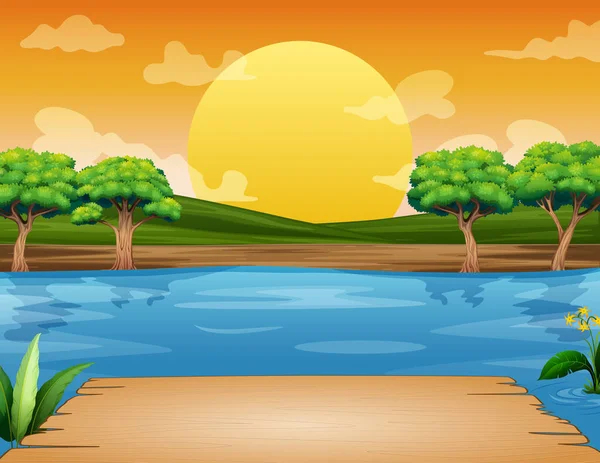 Wooden Bench Overlooking River Sunset — Stock Vector