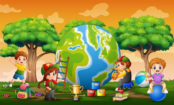 Les Enfants Jouent Peignent Grand Globe — Image vectorielle