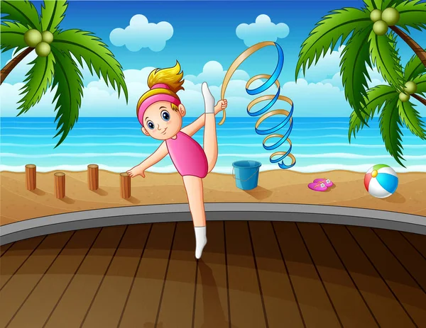 Rhythmic Gymnastic Girl Ribbon Playing Beach — Stock Vector