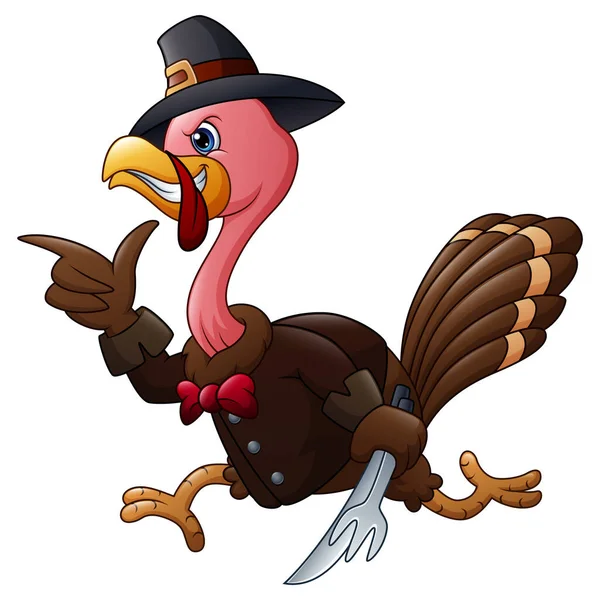一只火鸡拿着勺子和叉子跑去参加感恩节晚会 — 图库矢量图片
