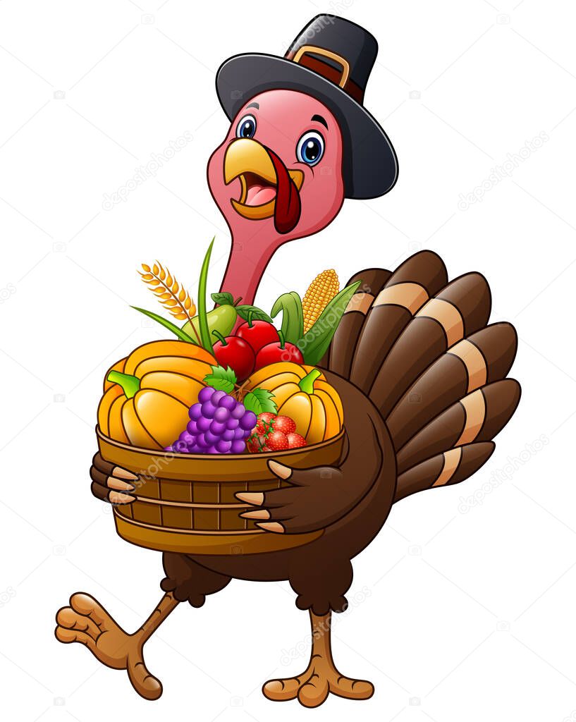 Thanksgiving day a turkey holding basket full of fruits and vegetables