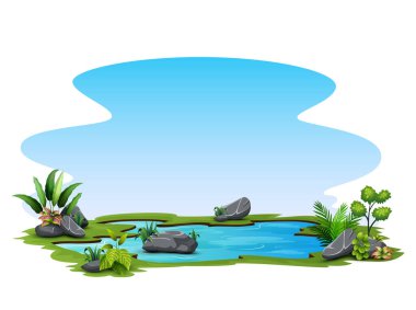 Small pond with green grass on white background illustration clipart