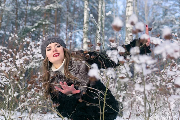 Belle femme brune dans un béret et manteau de fourrure posant et souriant sur le fond de forêt enneigée — Photo