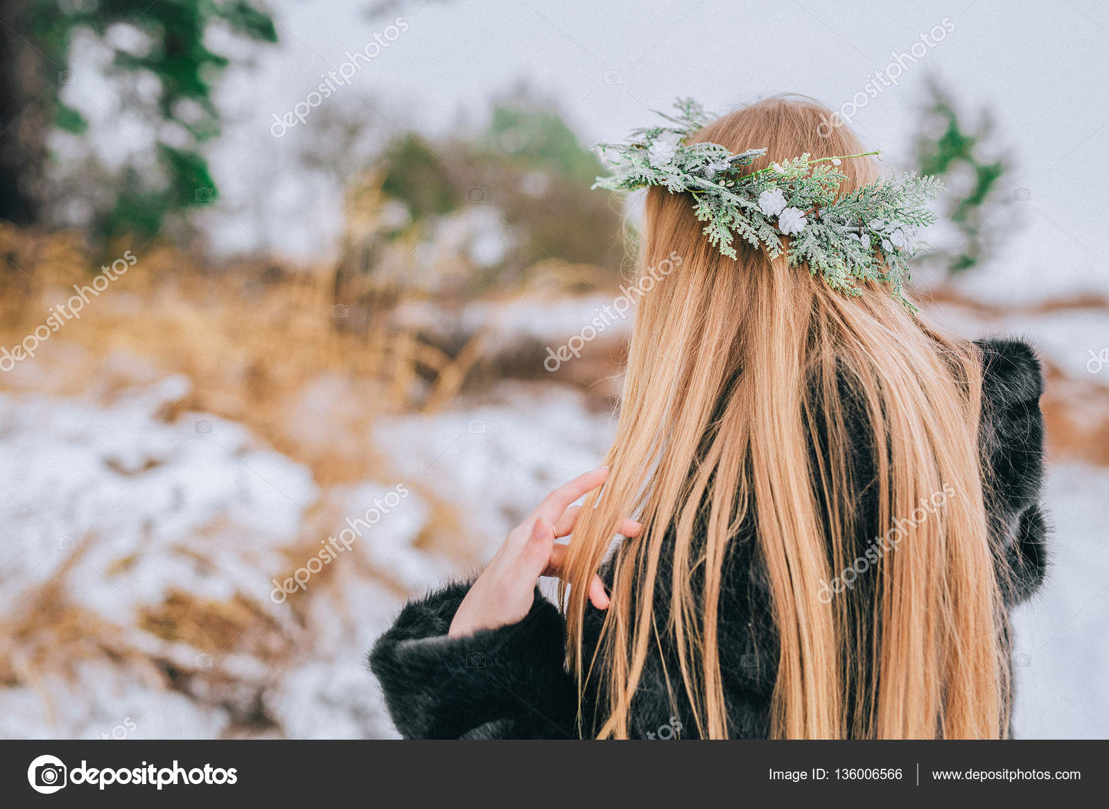 Portrait From Behind The Girl In A Wreath Of Pine With Their Long