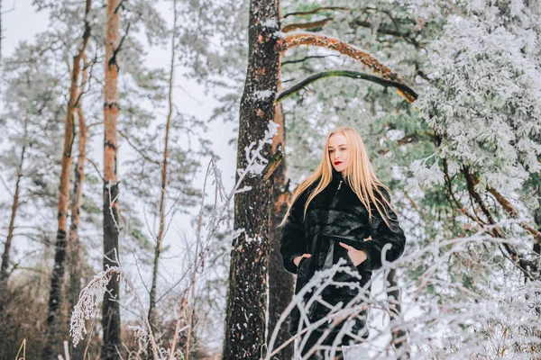 Portret dziewczynki z jej długie blond włosy w zaśnieżony Las. Efekt zdjęcie Retro, ziarna — Zdjęcie stockowe