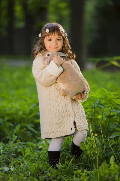 Bella ragazza con un coniglio nel bosco — Foto Stock