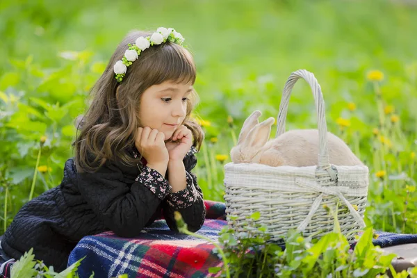 Uma menina em uma grinalda observa um coelho em uma cesta ao pôr do sol em um parque . — Fotografia de Stock