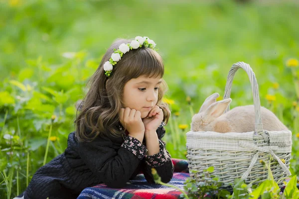 Uma menina em uma grinalda observa um coelho em uma cesta ao pôr do sol em um parque . — Fotografia de Stock