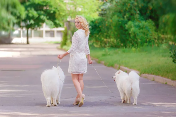 Vacker ung blond flicka i klänning promenader med två vita fluffiga hundar i sommarträdgård — Stockfoto