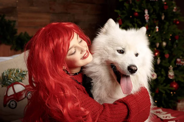 Férias de inverno e Natal. Uma menina em uma camisola de malha e com cabelo vermelho com um animal de estimação no estúdio. Mulher de Natal com um belo rosto e animal de estimação . — Fotografia de Stock