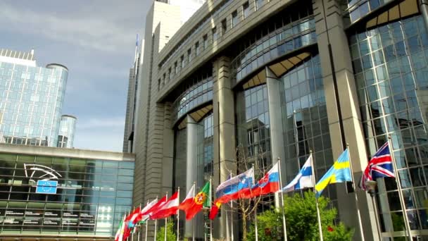 Banderas Los Países Europeos Ondeando Viento Frente Parlamento Europeo Bruselas — Vídeo de stock