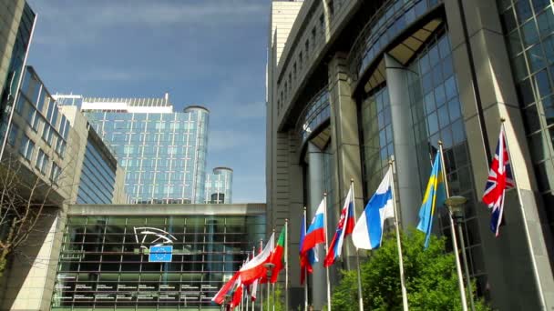 Europeiska Länder Flaggor Viftar Vinden Inför Europaparlamentet — Stockvideo