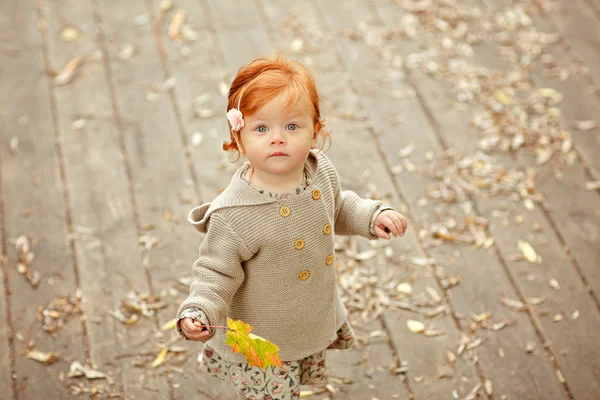 Red-haired baby girl on the background of autumn nature — Stock Photo, Image