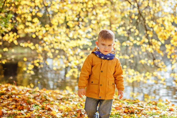 Schattig jongetje in gele jas kijkt boos naar het park ik — Stockfoto