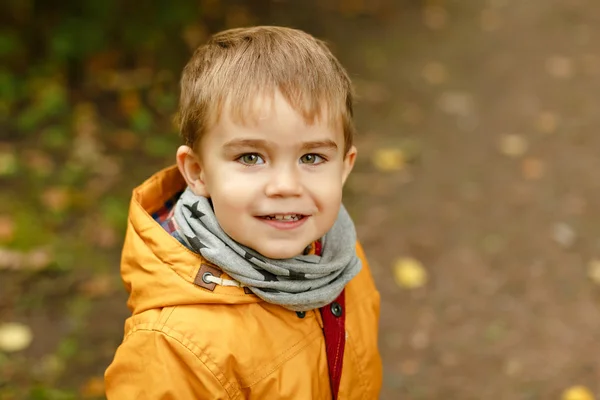 Menino adorável de casaco amarelo sorri, outono, close-up — Fotografia de Stock