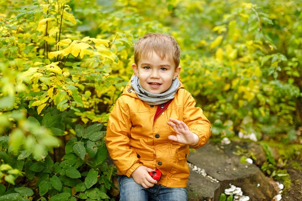 Schattig jongetje in gele jas glimlacht, herfst, close-up — Stockfoto