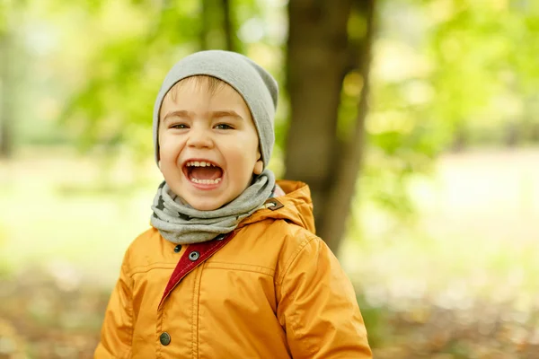 Schattig jongetje in gele jas glimlacht in het najaar — Stockfoto