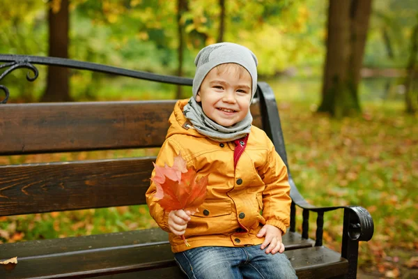 Schattig jongetje in gele jas glimlacht, herfst, close-up — Stockfoto