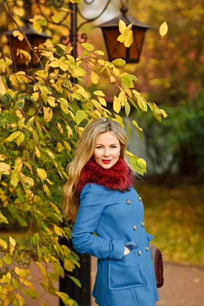 Роскошная блондинка с красивыми волосами в синем пальто в ауте — стоковое фото