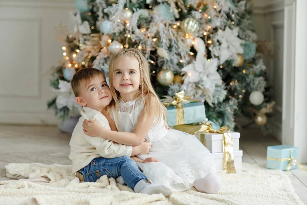 Pequeño adorable hermano y hermana sentados cerca de un árbol de Navidad — Foto de Stock