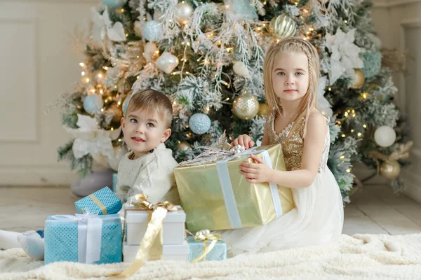 Malý roztomilý bratr a sestra sedí u vánočního stromu — Stock fotografie