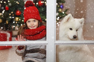 Büyük beyaz bir köpek Noel sokak d yakınındaki güzel küçük kız