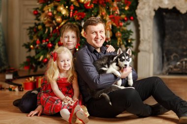 Baba, kızı ve oğlu ile oturan Noel Husky yavruları