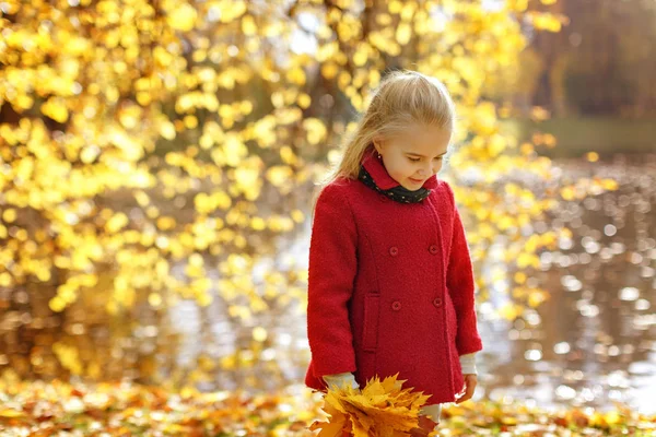 Menina de casaco no parque de outono olhando para baixo — Fotografia de Stock