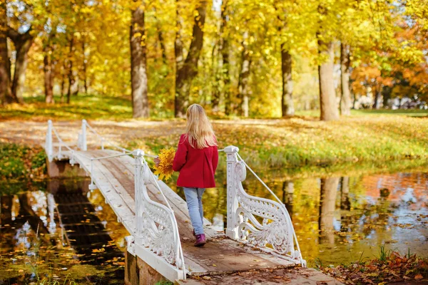 Liten flicka i kappa i höst ligger i en park över bron till — Stockfoto