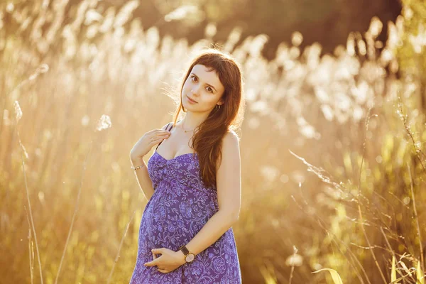 Mulher grávida macia bonita sorri e goza de um verão ensolarado — Fotografia de Stock