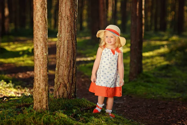 Una niña rubia con un vestido brillante y sombrero camina en un pino f — Foto de Stock