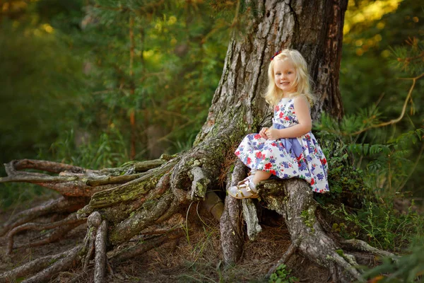 Little blond girl in bright dress and hat sits in a pine forest — Stock Photo, Image