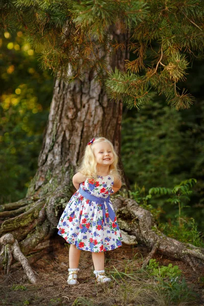 Little blond girl in bright dress and hat in a pine forest smili — Stock Photo, Image