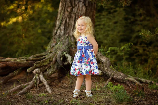 Fetiță blondă în rochie strălucitoare și pălărie într-o pădure de pin smili — Fotografie, imagine de stoc