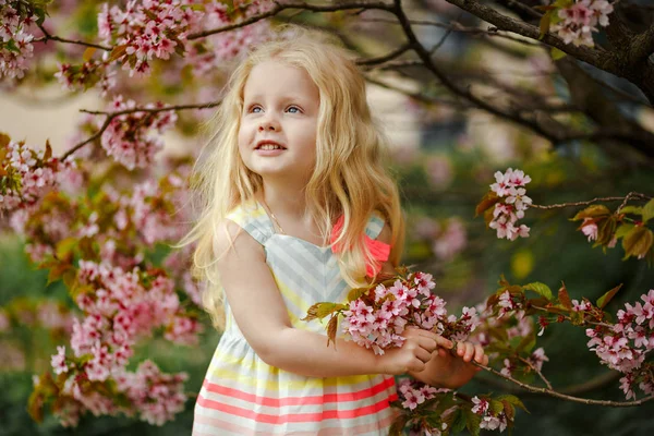 O drăguță fată blondă fermecătoare cu păr luxuriant zâmbind pe un stejar roz — Fotografie, imagine de stoc