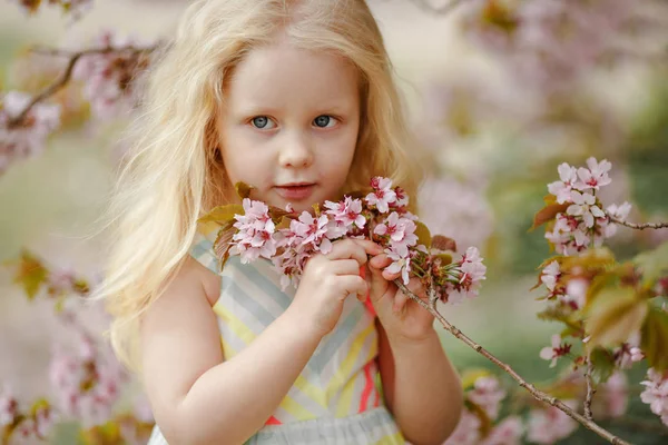 Uma linda garota loira encantadora com cabelo exuberante sorrindo em um saco rosa — Fotografia de Stock