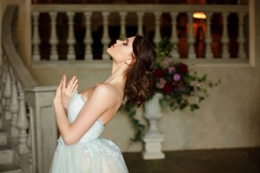 Bir hava elbiseli güzel zarif kız balerin. Portre. Int