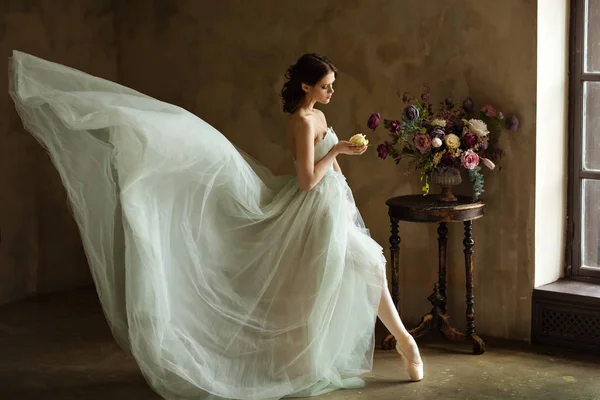 Vackra graciös flicka ballerina i en air-klänning som ser på flo — Stockfoto