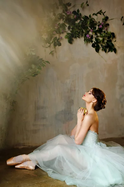 Hermosa bailarina elegante chica en un vestido de aire y puntas sentarse — Foto de Stock