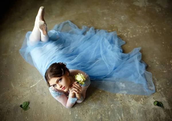 Hermosa bailarina elegante chica en un vestido azul y puntas sho — Foto de Stock