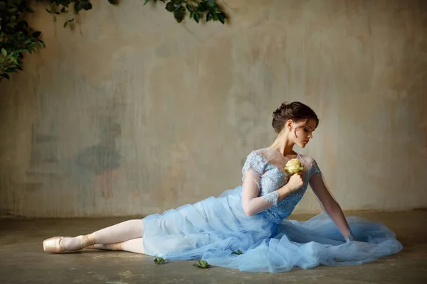 Hermosa elegante chica bailarina en un vestido azul y puntas sentarse — Foto de Stock